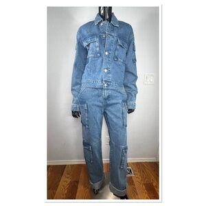 Threads by Rai Unisex Blue Multi Pocket Jean Jacket & Extra Long Jeans Pants SzS